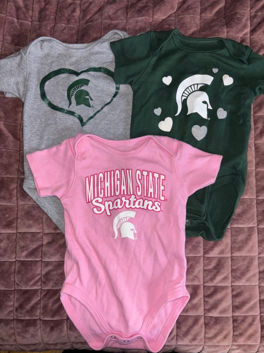 Michigan State Spartans Baby Bodysuit Trio - Pink, Green, Gray